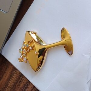 JJ Jonette Gold Tone Champagne Glass Rhinestones Bubbles Pin Brooch Signed
